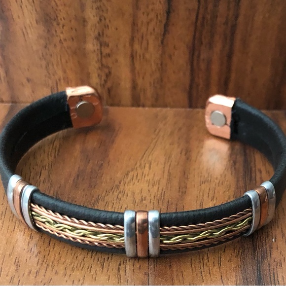 Two Tone Link Leather Wrapped Pure Copper Magnetic Bracelet Energy Cuff Bangle - Picture 2 of 3